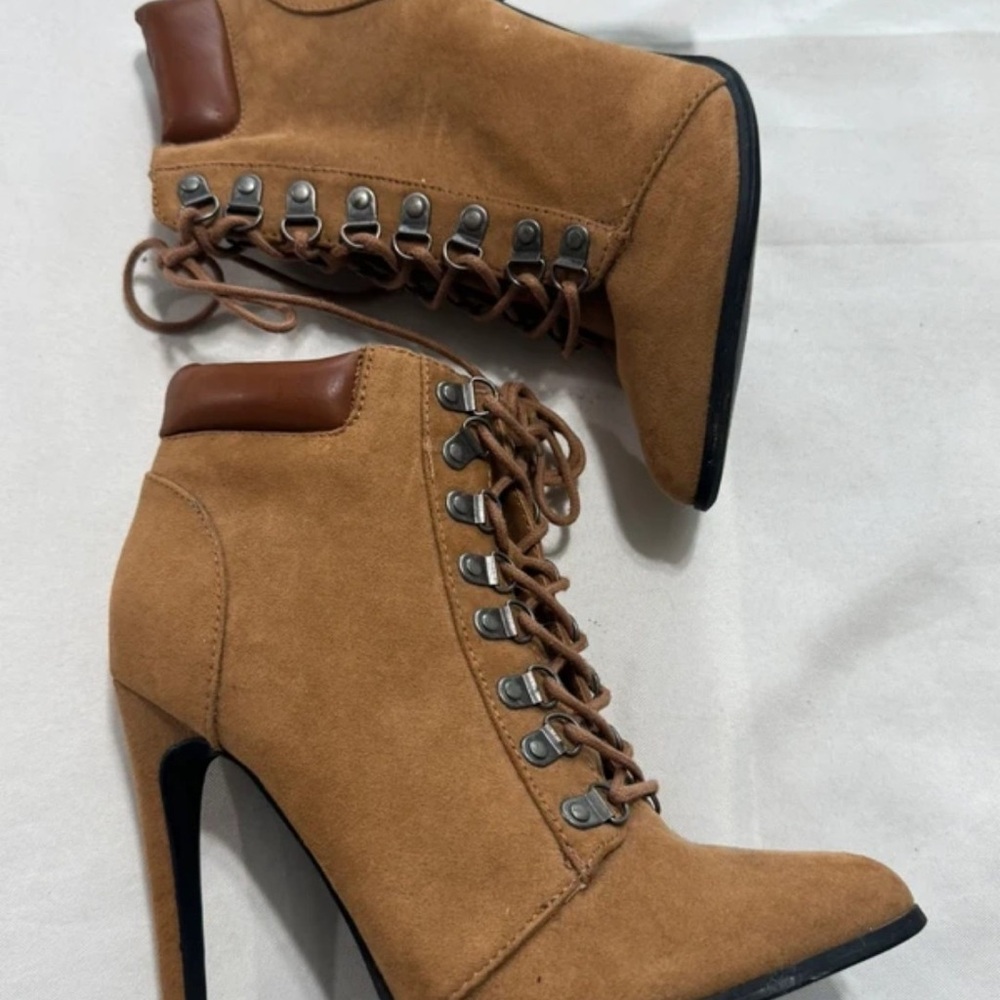 Forever 21 Tan Suede Lace-Up Stiletto Ankle Boots